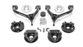 A 2021-2022 CHEV/GMC TAHOE/SUBURBAN/YUKON 3.0IN SST Lift Kit w/ Magnetic Ride Control, shown on a white background with 2 upper control arms, 4 spacers, 4 black brackets, hardware bolts, washers, 2 small brackets, and 2 rubber bushings.