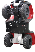 A Skid plate full set (plastic) for Honda TRX 500/520 Fourtrax Foreman (2014+) is displayed upright, revealing its durable black undercarriage and metal parts, with large knobby tires suited for tough outdoor terrain.