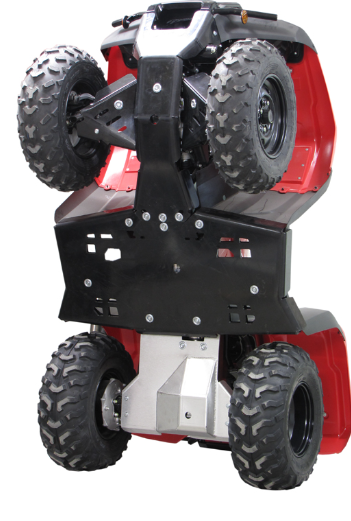 A Skid plate full set (plastic) for Honda TRX 500/520 Fourtrax Foreman (2014+) is displayed upright, revealing its durable black undercarriage and metal parts, with large knobby tires suited for tough outdoor terrain.