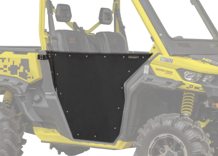 A Can-Am Defender Aluminum Half Door by SuperAtv is shown installed on the drivers side of a yellow off-road utility vehicle with two black seats, highlighted with a faded background for emphasis.