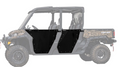 A side-by-side with faded camouflage features new Can-Am Defender Max Aluminum Half Doors (2016-Current) by SuperATV in black installed on both sides, making the doors stand out against the rest of the vehicle.