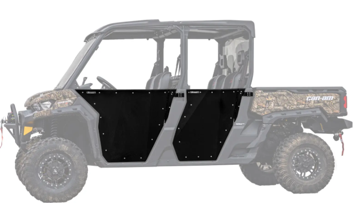A side-by-side with faded camouflage features new Can-Am Defender Max Aluminum Half Doors (2016-Current) by SuperATV in black installed on both sides, making the doors stand out against the rest of the vehicle.