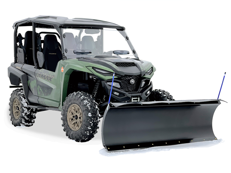 The KFI UTV Plow (60, 66, 72) All Models is a green and black four-seater off-road utility vehicle with rugged tires, a large front-mounted black snow plow, roof, open sides, and visible seats, shown on a white background.