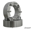 Two shiny, silver Can-Am Wheels Spacers with multiple wheel studs are stacked vertically. The SUPERATV logo is in the bottom right corner. The spacers feature precision-machined surfaces and stud holes for wheel attachment.