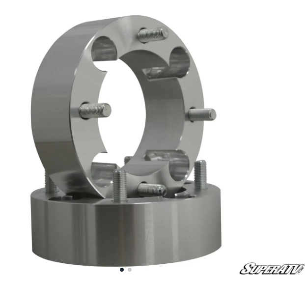 Two shiny, silver Can-Am Wheels Spacers with multiple wheel studs are stacked vertically. The SUPERATV logo is in the bottom right corner. The spacers feature precision-machined surfaces and stud holes for wheel attachment.