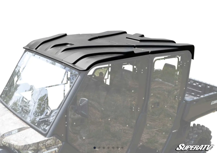 A Can-Am Defender Max Plastic Roof in black is mounted on a camouflage-patterned UTV with large windows. The image has a white background, the SuperATV logo in the bottom right corner, and some vehicle details are partially faded.