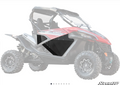 A red and black off-road Cfmoto Zforce 950/1000 with rugged tires, roll cage, black aluminum doors, and partially tinted windows is shown on a white background with SuperATV in the bottom right corner.