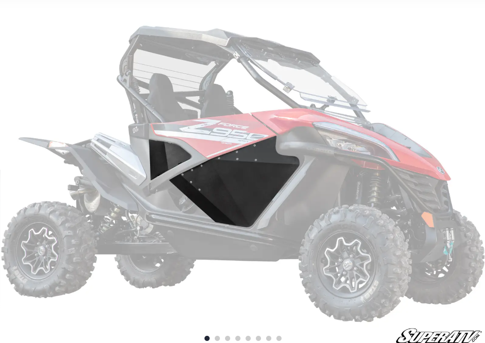 A red and black off-road Cfmoto Zforce 950/1000 with rugged tires, roll cage, black aluminum doors, and partially tinted windows is shown on a white background with SuperATV in the bottom right corner.