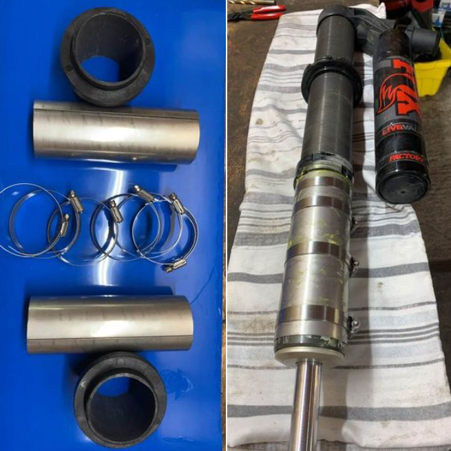 Left: Two black rubber rings, two metal tubes, and four hose clamps for the Suspension Armor SxS Shock Body Sleeves on a blue surface. Right: A Fox/Walker Evans shock absorber with attached reservoir being assembled or repaired.
