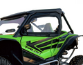 A Honda Talon Upper Door Kit is shown installed on a bright green off-road vehicle with black accents, large tires, a metal roll cage, side mirror, and visible seat beneath a hard roof—all set against a plain white background.