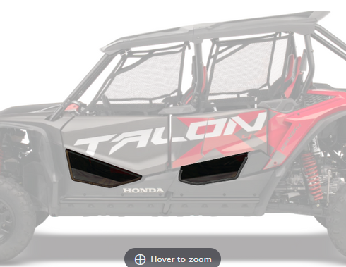 A side view of a black and red off-road vehicle featuring HONDA TALON-4 TINTED LOWER DOOR INSERTS with mesh side panels, two doors, visible suspension, and TALON in bold white letters on the side.