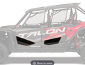 A side view of a black and red off-road vehicle featuring HONDA TALON-4 TINTED LOWER DOOR INSERTS with mesh side panels, two doors, visible suspension, and TALON in bold white letters on the side.
