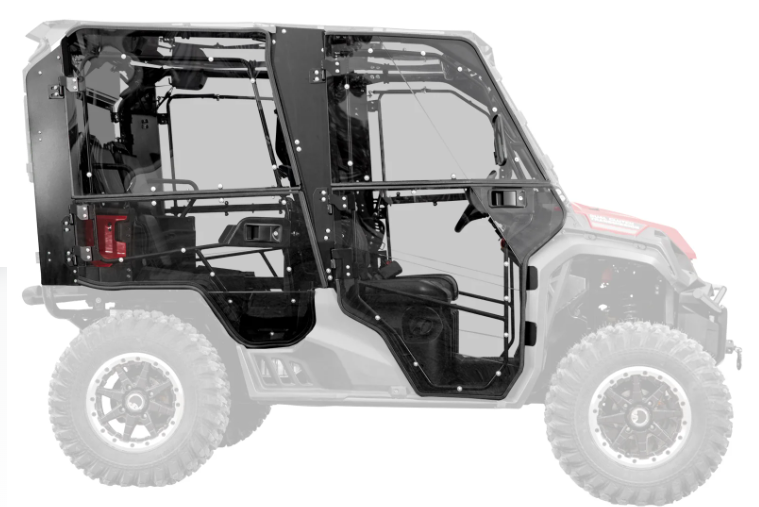 Side view of a Honda Pioneer 1000-5 with Convertible Cab Enclosure Doors featuring transparent, fitted panels and black frames/handles. Interior seats and steering wheel are visible, with the rest lightly faded to highlight the enclosure.