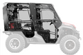 Side view of a Honda Pioneer 1000-5 with Convertible Cab Enclosure Doors featuring transparent, fitted panels and black frames/handles. Interior seats and steering wheel are visible, with the rest lightly faded to highlight the enclosure.
