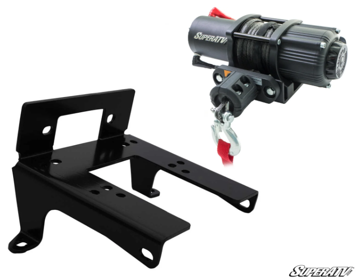 On the left is the Canam Commander 800 / 1000 Winch Mount, and on the right is a 2,500lb SuperATV winch with cable, hook, and red strap. Both are displayed on a white background with the SuperATV logo in the bottom right.