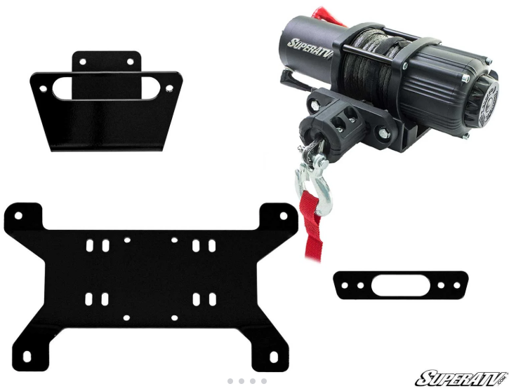 The Can Am Maverick Winch Mount +3500lb Winch, featuring a black electric winch with a red strap and three black metal mounting brackets and plates, is displayed with the SuperATV logo on a plain white background.