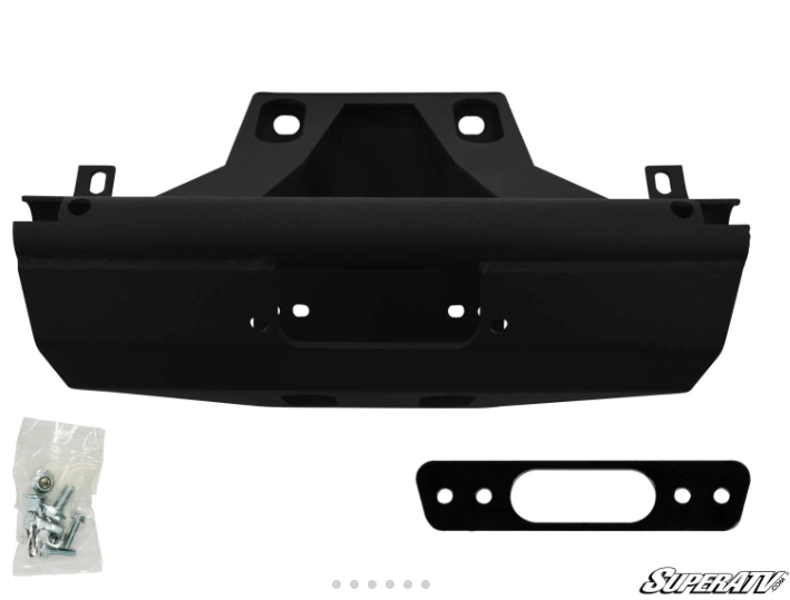 The Can-Am Maverick X3 Winch Mount Plate Kit (3500lb Winch) includes a black metal rectangular bracket with assorted mounting holes, a separate fairlead plate, and a small bag of hardware. The SuperATV logo appears at the bottom right.
