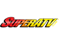 The image shows the SuperATV.com logo with “SuperATV” in bold, italic red-to-yellow lettering and “.com” in yellow vertical text on a black background, representing Polaris RZR 570 High Clearance 1.5 Forward Offset A-Arms.