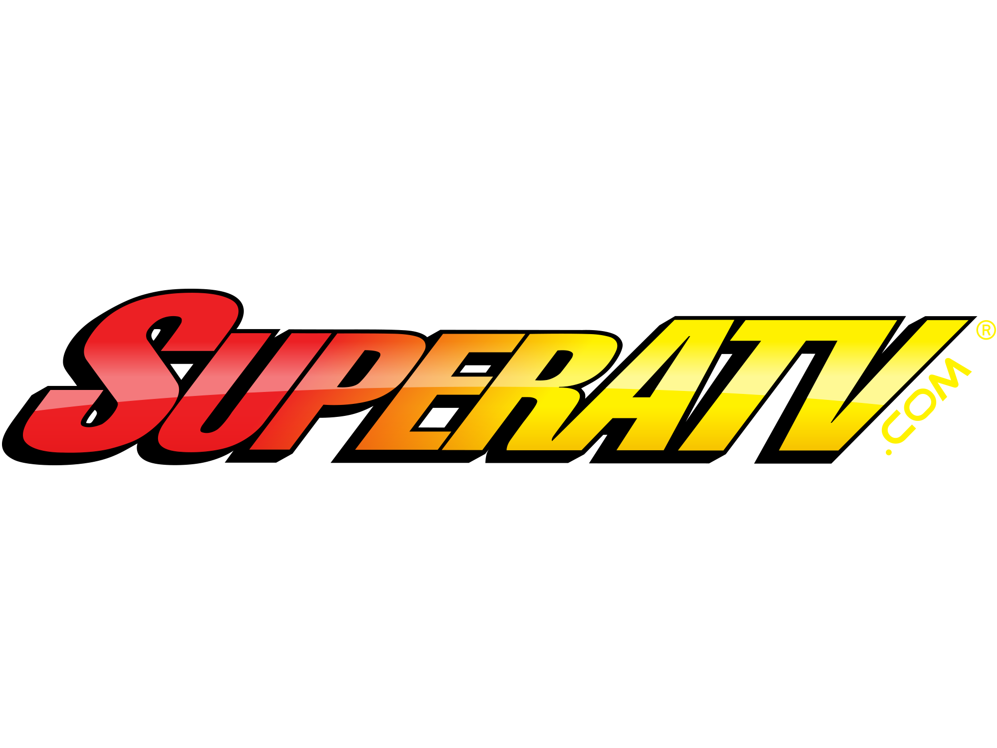 The image shows the SuperATV.com logo with “SuperATV” in bold, italic red-to-yellow lettering and “.com” in yellow vertical text on a black background, representing Polaris RZR 570 High Clearance 1.5 Forward Offset A-Arms.