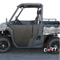 Side view of a camo Cf Moto Uforce 1000 (2019-22) with Dirt Specialties half doors, black off-road tires, cargo bed, roof, and UFORCE 1000 label. The Dirt Specialties logo appears bottom right. Parked on pavement.