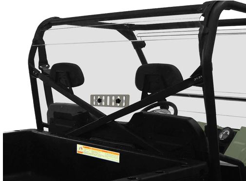 A close-up of the Polaris Ranger Full-Size 2010+ with Round Tubing Rear Windshield-Vented (fits 2010-2019 models) shows a clear rear windshield, black roll bars, two headrests, a dashboard on the right, and a warning label on the back panel.