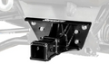 Close-up of a black, heavy-duty metal Polaris Ranger XP 1000 Front 2 Receiver Hitch mounted to a vehicles front, secured with multiple bolts. The SUPERATV logo is visible on the top edge. A faded background highlights the hitch.
