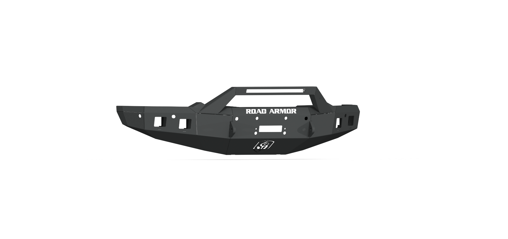 A Texture Black 2019+ Ram 1500 Stealth Front Winch Bumper (Sheet Metal Pre-Runner Guard) with cutouts, angular lines, reinforced corners, and accessory mounts. Compatible with Warn Zeon 10S & Smittybilt XRC. Isolated on white background.