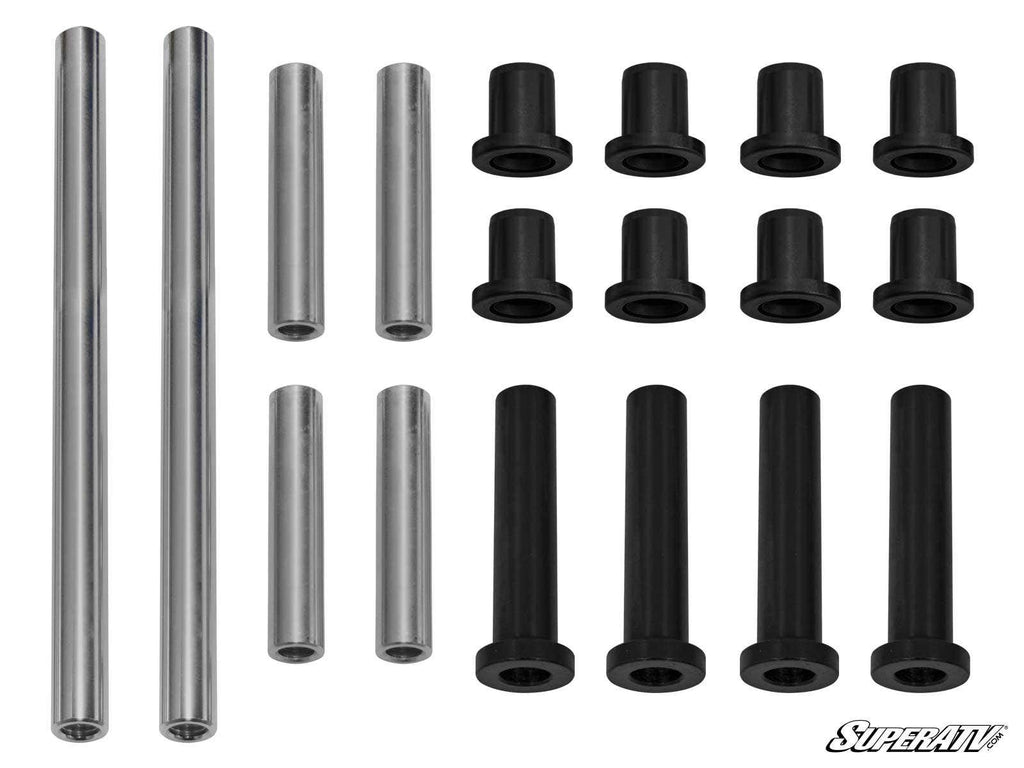 The image displays Honda Pioneer 1000 Front A-Arm Bushings—an organized set of metal rods and black cylindrical bushings of different lengths, arranged in rows on a white background. The SuperATV logo appears in the bottom right corner.