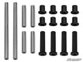 The image displays Honda Pioneer 1000 Front A-Arm Bushings—an organized set of metal rods and black cylindrical bushings of different lengths, arranged in rows on a white background. The SuperATV logo appears in the bottom right corner.