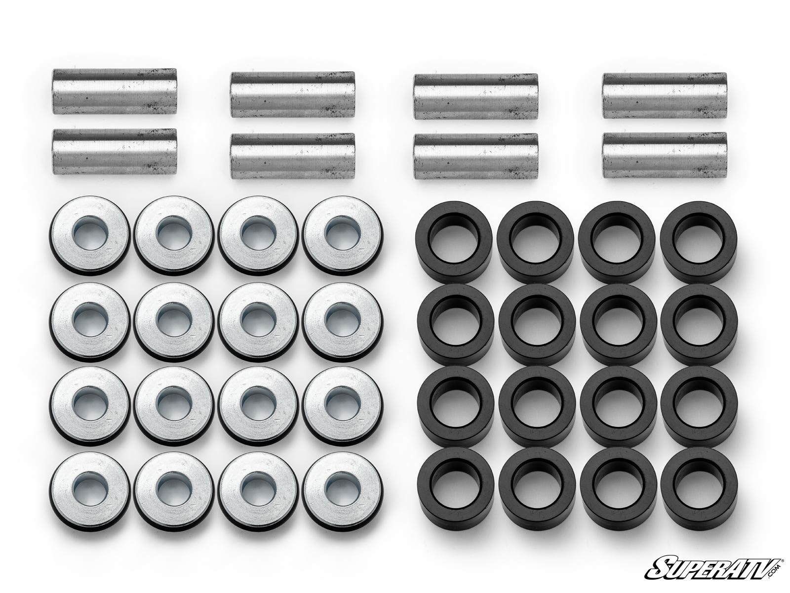 Polaris Sportsman A-Arm Bushings set displayed on a white background: metal spacers, silver washers, and black cylindrical bushings arranged in three rows. SuperATV logo appears in the corner.