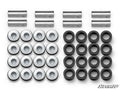 Polaris Scrambler A-Arm Bushings, including metal washers, cylindrical spacers, and black bushings, are neatly arranged by type on a white background. The SuperATV logo is visible in the bottom right. All parts look new and unused.