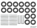 A neatly arranged set of Yamaha Wolverine X2/X4 850 A-Arm Bushings: 16 black circular bushings, 6 silver sleeves, and 8 short silver spacers on a white background. The SuperATV logo appears in the bottom right corner.
