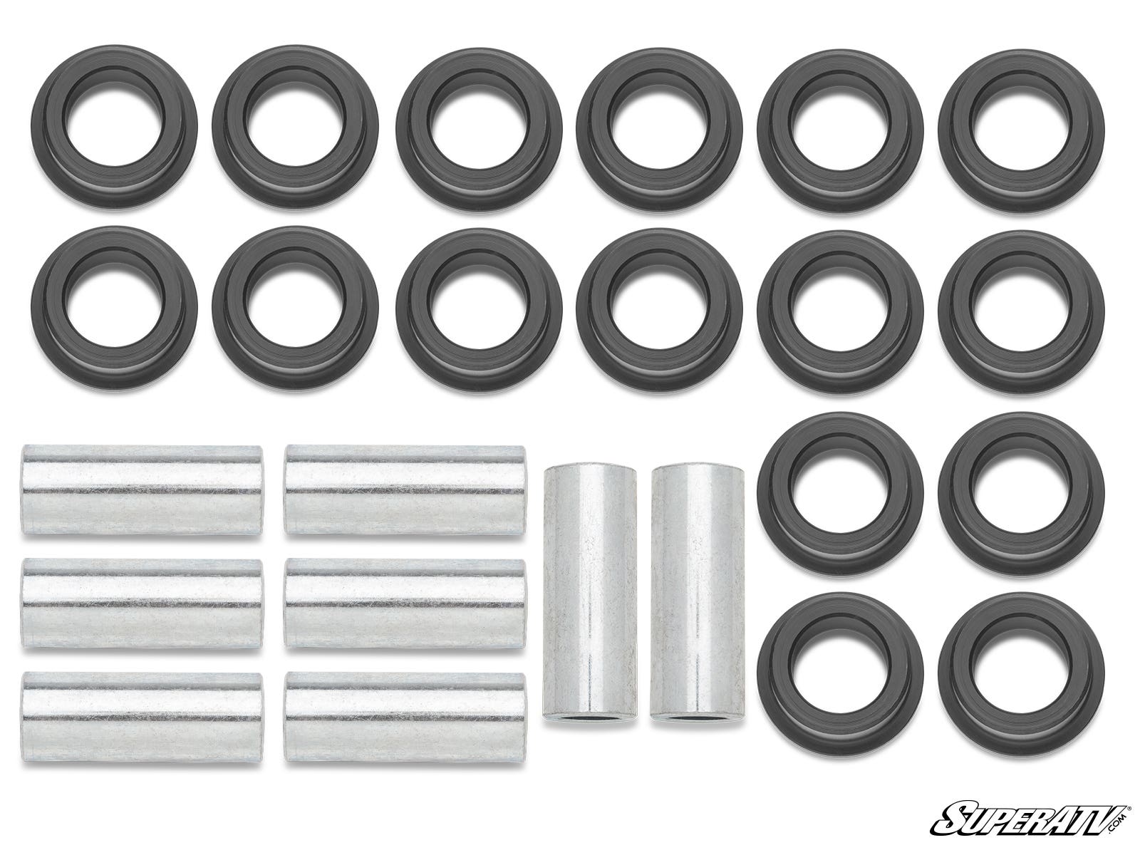 A neatly arranged set of Yamaha Wolverine X2/X4 850 A-Arm Bushings: 16 black circular bushings, 6 silver sleeves, and 8 short silver spacers on a white background. The SuperATV logo appears in the bottom right corner.