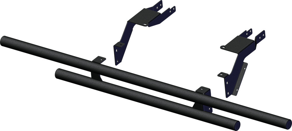 3D rendering of the Kfi Utv Rear Bumper for Polaris Ranger 1000: four black metal brackets with mounting holes and angled arms, and two parallel cylindrical rods, shown separately as components for assembly or support.