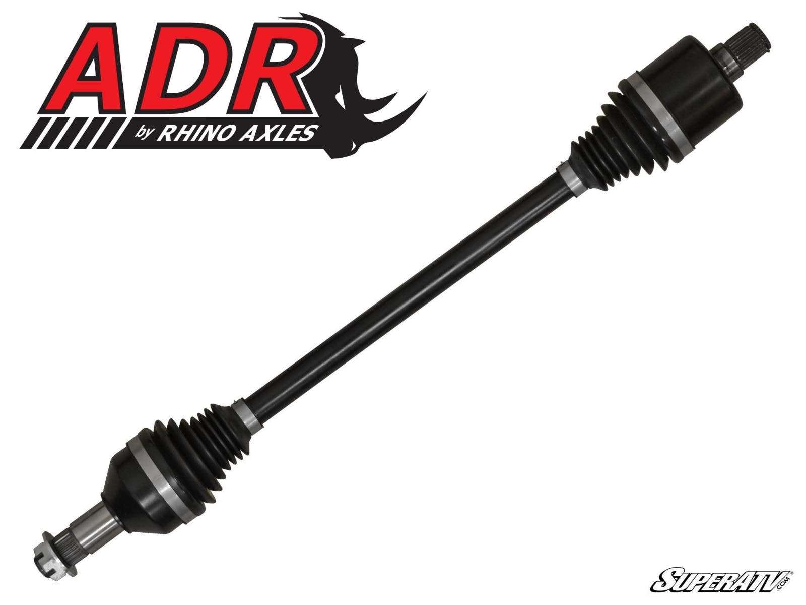 A Polaris Ranger XP 1000 AxleADR by Rhino Axles in black with rubber boots on both ends is shown. The ADR by Rhino Axles logo is at the top left, and the SuperATV logo appears in the bottom right corner.