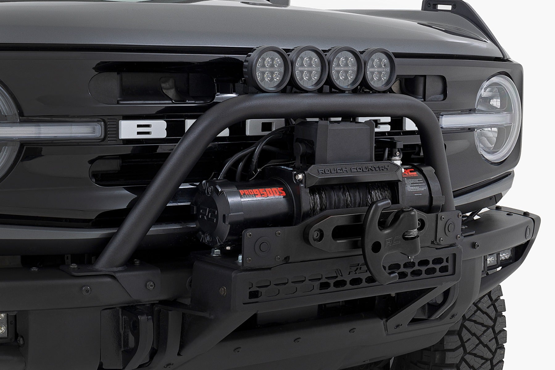 Rough Country Safari Bar | 3.5" Round LED (Quad) | Black | Amber DRL | OE Modular Steel | Ford Bronco 4WD (21-23)