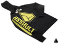 The Assault Industries Topographic Hoodie is black with white drawstrings, features large yellow ASSAULT INDUSTRIES text on the right sleeve, a bold yellow logo on the chest, and a small matching logo in the lower right corner.