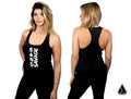 Front and back views of the Assault Industries Womens Sand Savage Logo Tank Top in black, featuring bold vertical white SAVAGE text on the front and a racerback design. Both images are set against a plain white background.