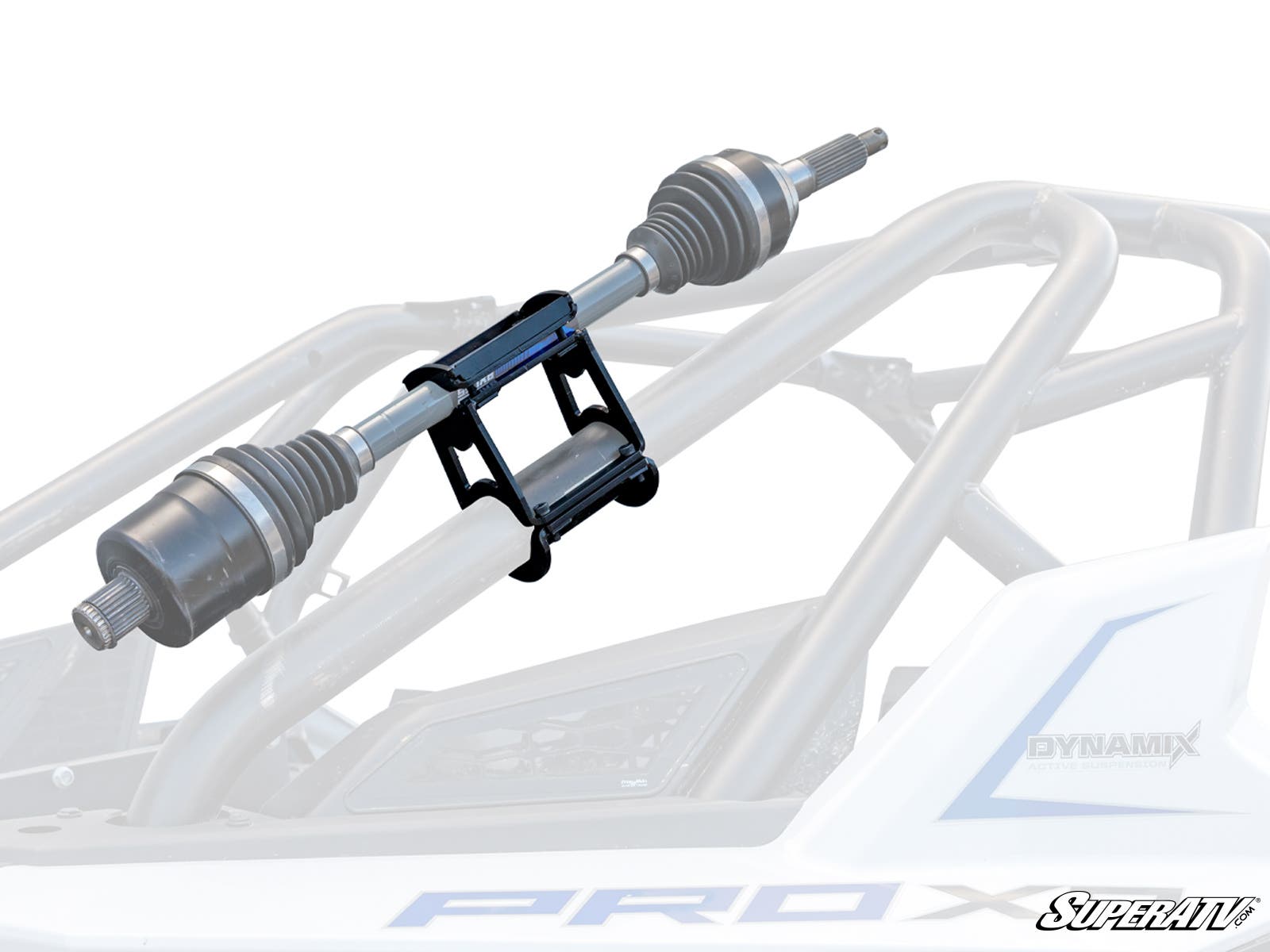 The Spare Axle Cage Mount is shown in black metal, securely holding a drive axle on an off-road vehicles roll cage. The semi-transparent view highlights its function for axle storage or transport, with the SuperATV logo visible in the corner.