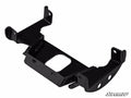 A black metal Arctic Cat Wildcat Trail Frame Stiffener / Gusset Kit featuring angled brackets, multiple bolt holes, and a central rectangular cutout. The plate sits angled on white with the SuperATV logo in the bottom right corner.