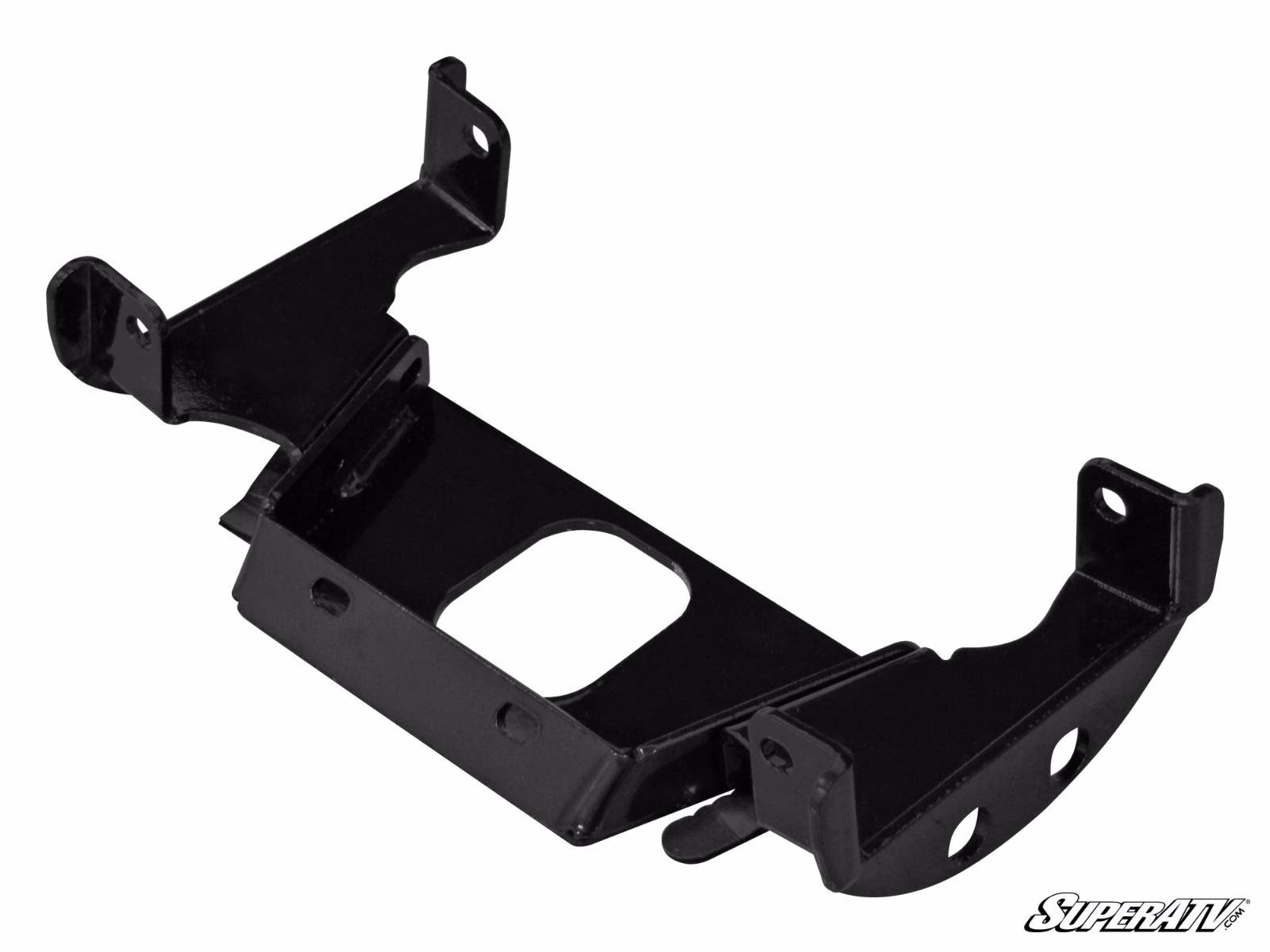 A black metal Arctic Cat Wildcat Trail Frame Stiffener / Gusset Kit featuring angled brackets, multiple bolt holes, and a central rectangular cutout. The plate sits angled on white with the SuperATV logo in the bottom right corner.
