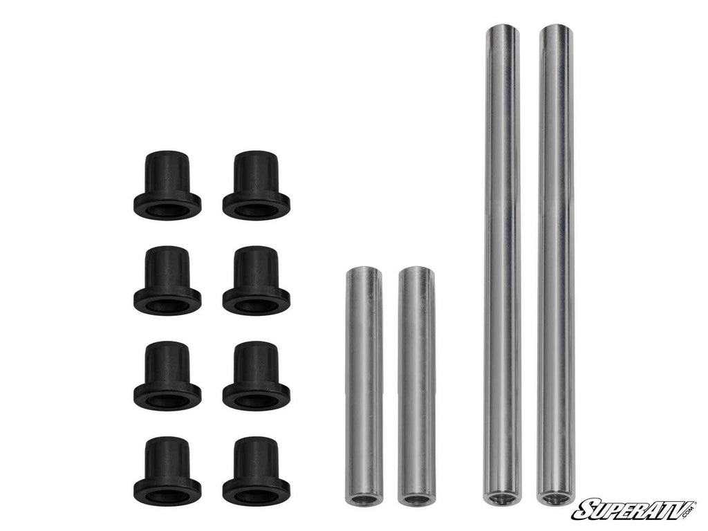 The image displays the Arctic Cat Wildcat Trail & Sport A-Arm Bushings, which include eight black bushings, four short rods, and two long rods on a white background. The SuperATV logo is in the lower right corner.