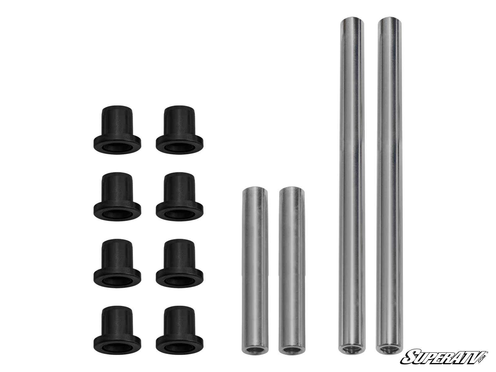 The image displays the Arctic Cat Wildcat Trail & Sport A-Arm Bushings, which include eight black bushings, four short rods, and two long rods on a white background. The SuperATV logo is in the lower right corner.