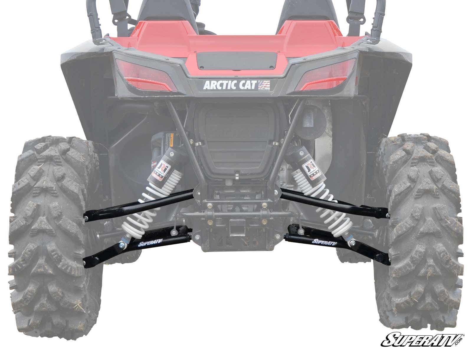 Rear view of a red and black vehicle with ARCTIC CAT in white on the back, featuring large tires, visible suspension springs, and black Arctic Cat Wildcat Sport High Clearance Rear A-Arms.