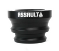 The Assault Industries Steering Wheel Hub is a black, cylindrical metal spacer with beveled edges and grooves. ASSAULT and a geometric logo are printed in white on the top rim. The hub is displayed against a plain white background.