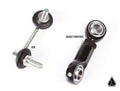 The image compares two sway bar end links: on the left, a silver OEM with rubber bushings; on the right, a black Assault Industries Heavy Duty Front Sway Bar End Link (Fits: Can-Am Maverick X3) with a metal heim joint. Both are labeled, with a triangular 