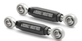 Two black and silver Front Heavy Duty Sway Bar End Links with ASSAULT INDUSTRIES logos lie parallel on a white background. Each has a hexagonal center and polished metal rod ends with mounting holes.