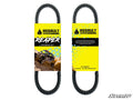 Two black toothed drive belts labeled Assault Industries Can-Am Commander Reaper CVT Drive Belt come in yellow packaging. The front shows an off-road vehicle and REAPER PERFORMANCE BELT; the back has contact details and blue geometric designs.
