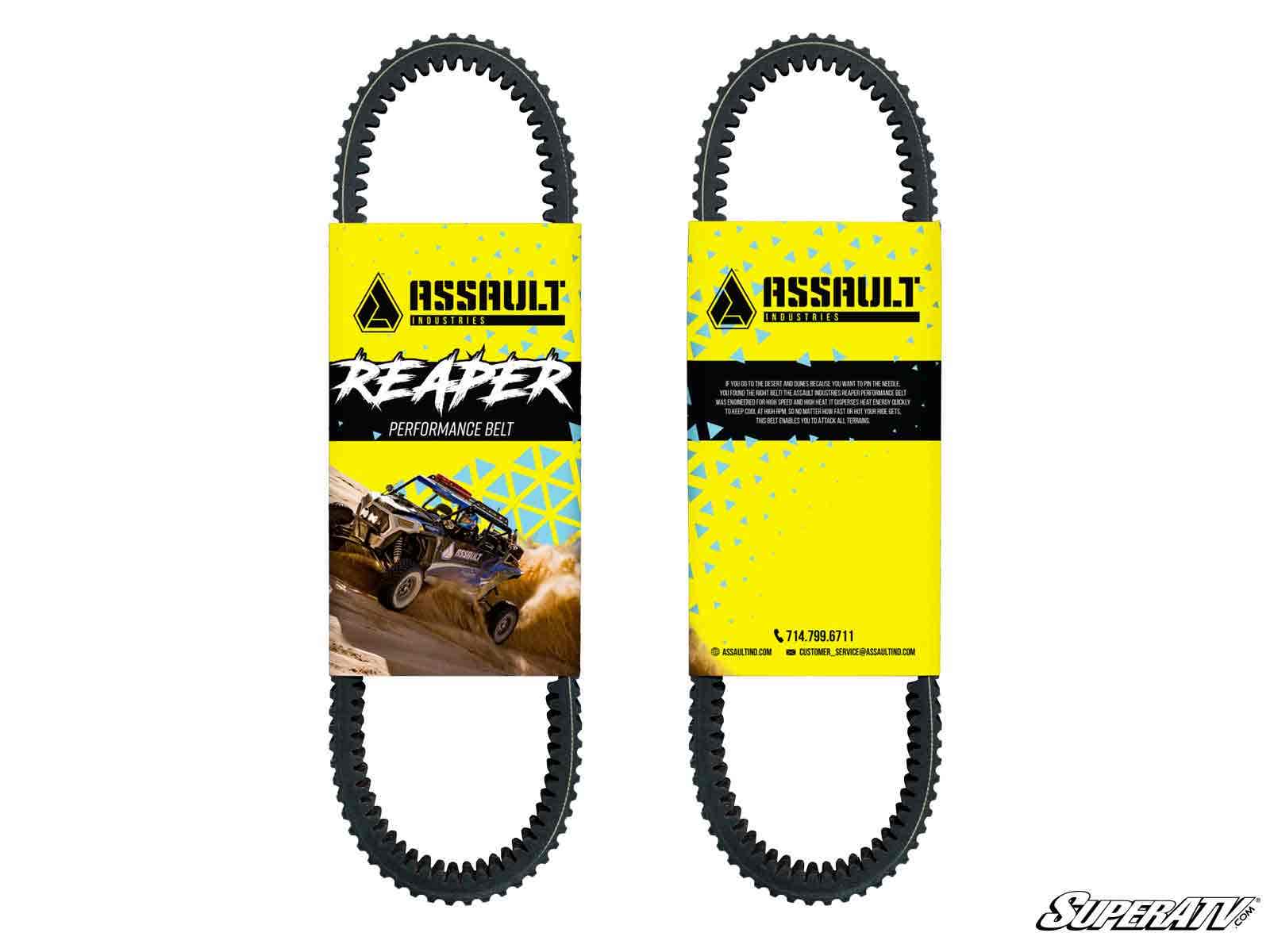 Two black Assault Industries Polaris Ranger Reaper CVT Drive Belts are packed in yellow labels—one features an off-road vehicle on sand and REAPER PERFORMANCE BELT, the other has product info. SuperATV branding appears at the bottom right.