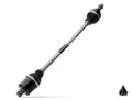 The Assault Industries MAS-223 Phoenix Axle for Polaris RZR XP Turbo S is shown diagonally on a white background, featuring black rubber boots on each end, a metal center shaft, and a small black geometric logo in the bottom right corner.